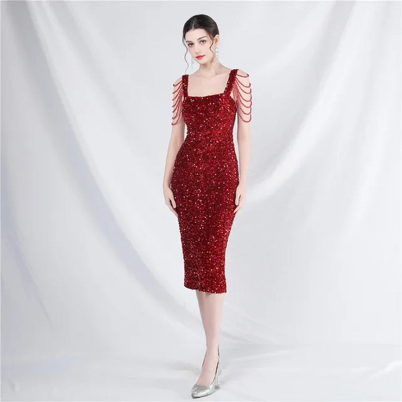 Elegant Sleeveless Sequins Midi Dress for Evening Parties