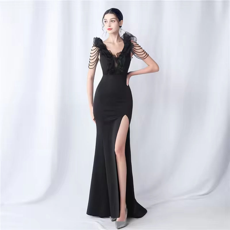 Elegant Sleeveless V-Neck Beaded Ruffle Evening Dress