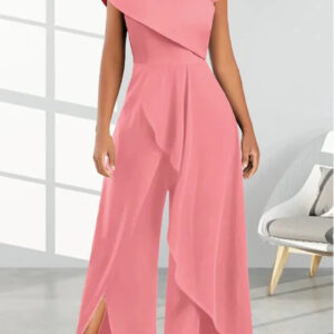Elegant Solid Beach Dress with Diagonal Collar and Cover-Up