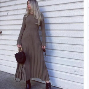Elegant Solid Color Long Sleeve Knitted Sweater Dress