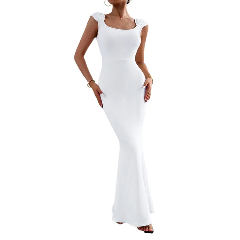 Elegant Solid Color Square Collar Backless Maxi Dress