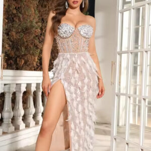 Elegant Strapless Backless Pearl Beaded Midi Dress