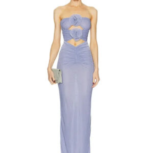 Elegant Strapless Backless Purple Flower Bodycon Maxi Dress