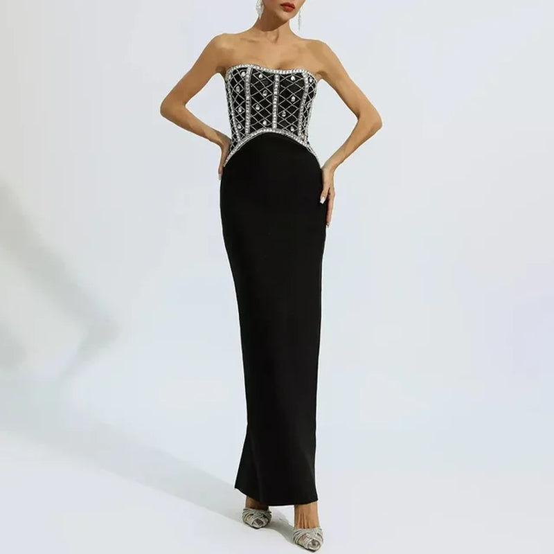 Elegant Strapless Black Bandage Dress with Diamond Accents