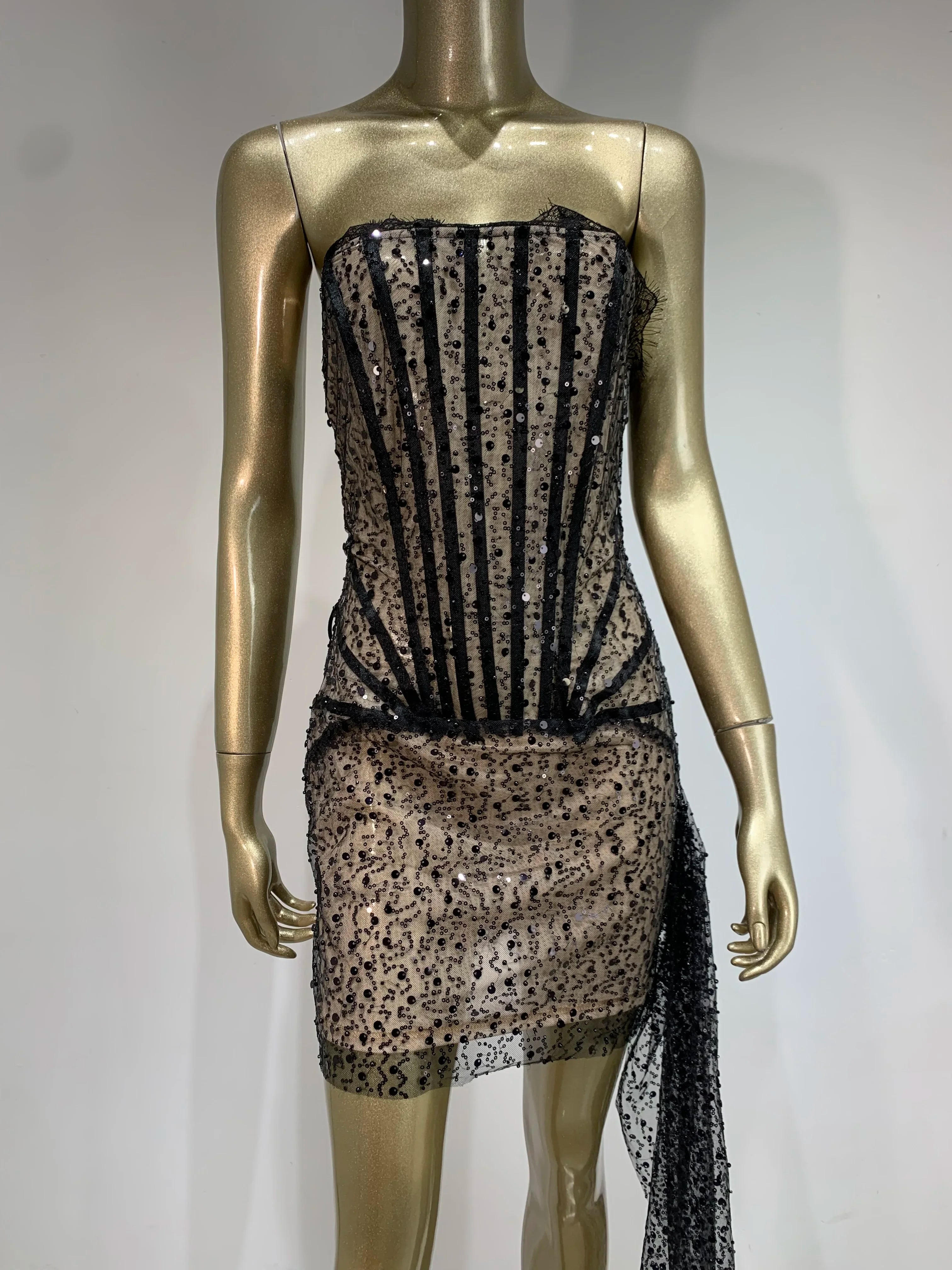 Elegant Strapless Black Sequin Lace Mini Bodycon Dress - Image 4