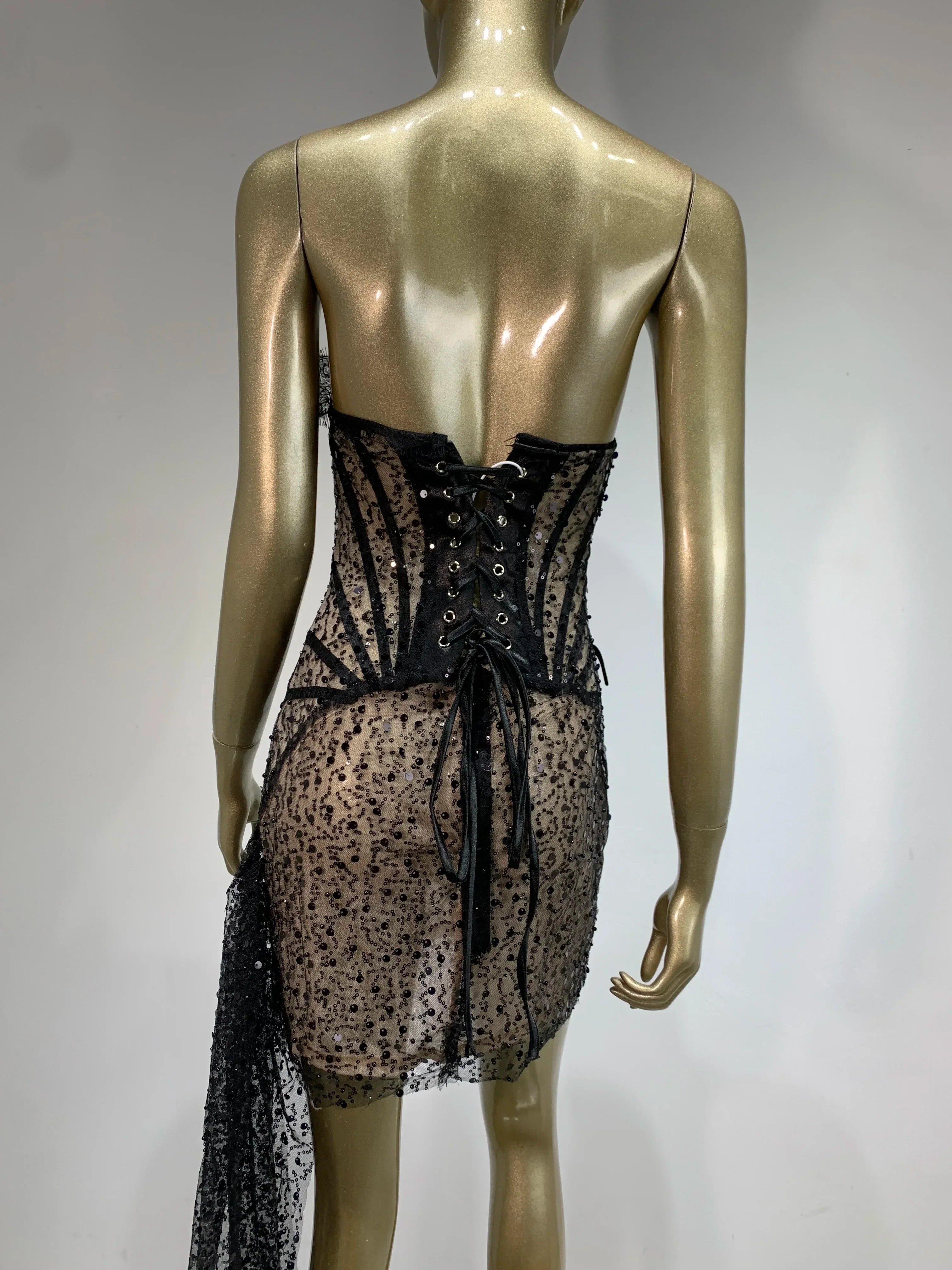 Elegant Strapless Black Sequin Lace Mini Bodycon Dress - Image 5