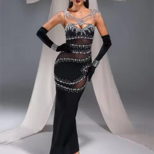 Elegant Strapless Diamond Chain Mesh Bandage Maxi Dress