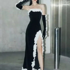 Elegant Strapless High Split Ruffle Edge Evening Dress