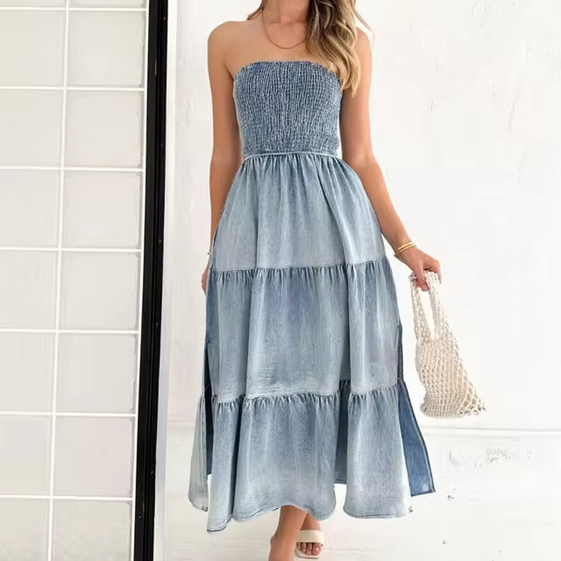 Elegant Strapless Long Summer Dress with Side Split