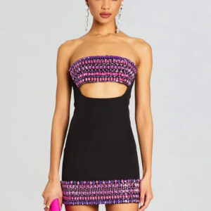 Elegant Strapless Pearl Cut-Out Black Bodycon Dress