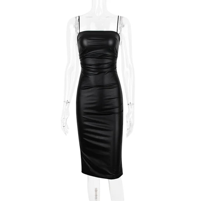Elegant Strapless PU Leather Midi Dress for Women