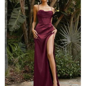 Elegant Strapless Satin Maxi Dress with Slit Hem