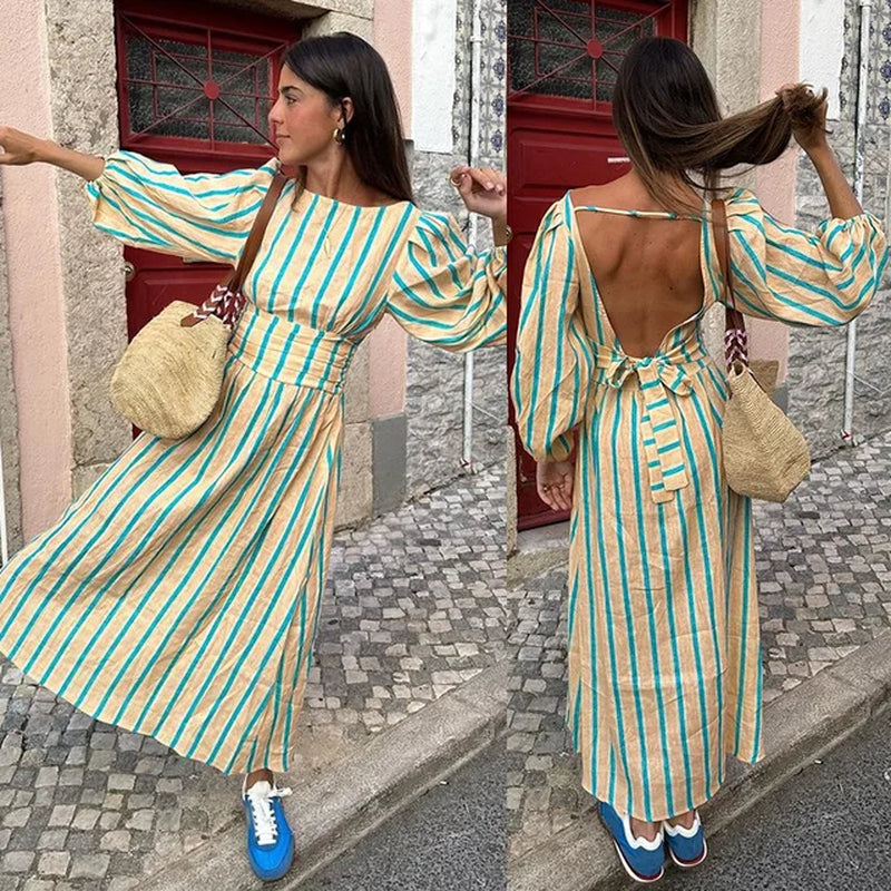 Elegant Striped Maxi Dress with Backless Design for Women