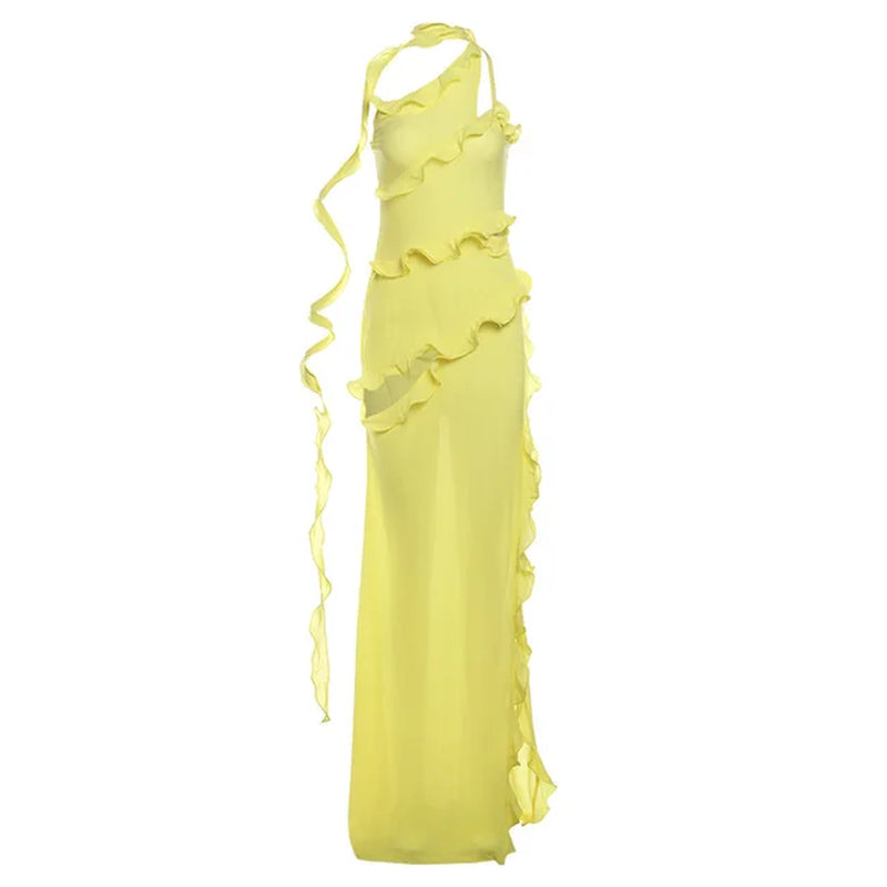 Elegant Summer Maxi Dress with Diagonal Lace Shoulder Detail