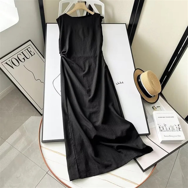 Elegant Summer Sleeveless Pleated Slimming Black Dress