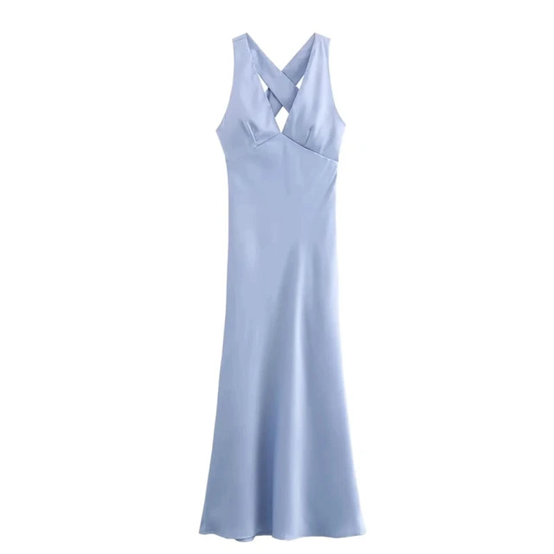 Elegant V-Neck Backless Satin Midi Dress for Women