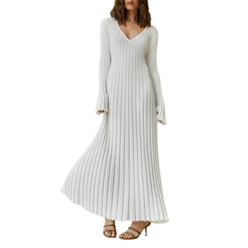 Elegant V-Neck Long Sleeve Knit Dress for Women