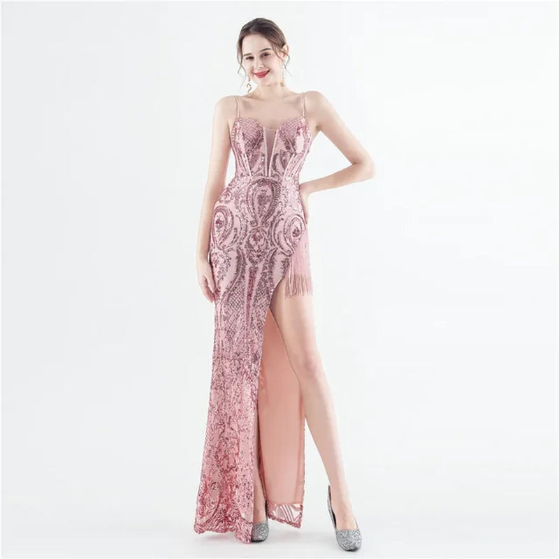 Elegant V Neck Sequin Dress with Tassels & Slit