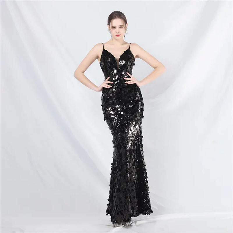Elegant V Neck Sequin Mermaid Dress for Evening Parties