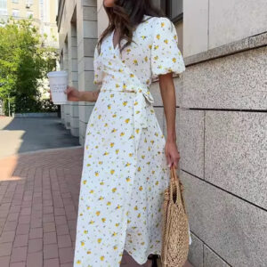 Elegant Vintage Bubble Sleeve V-Neck Cotton Dress