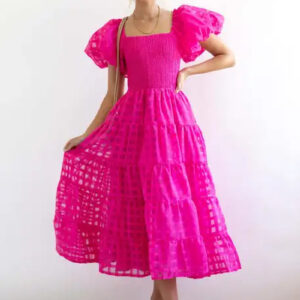 Elegant Vintage Midi Dress with Puff Sleeves for Summer