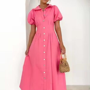 Elegant Vintage Summer Dress with Puff Sleeves and Lace-Up Waist