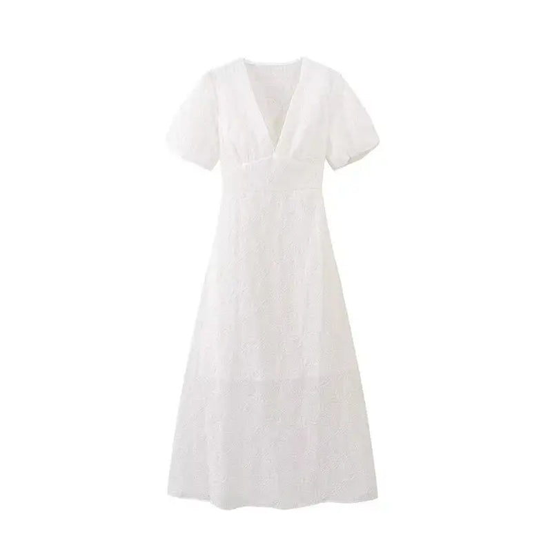 Elegant Vintage White Beach Dress with Puff Sleeves