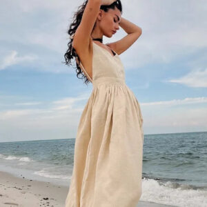 Elegant Women's Cotton Linen V-Neck Backless Maxi Dress