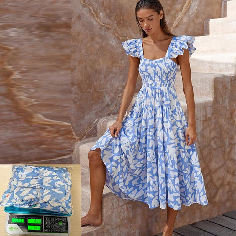 Floral Print Bohemian Maxi Dress with Ruffles and Short Sleeves