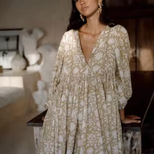Floral Print Lantern Sleeve Lace-Up V-Neck Dress
