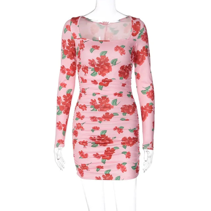 Floral Print Square Collar Bodycon Mini Dress for Women