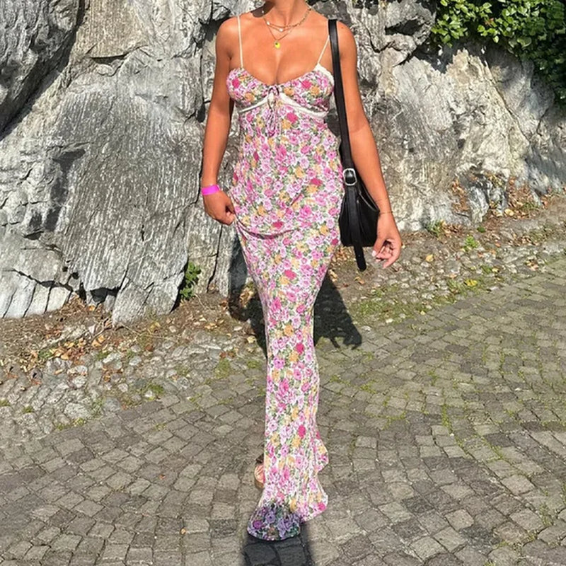 Floral Print V-Neck Maxi Dress for Summer Events