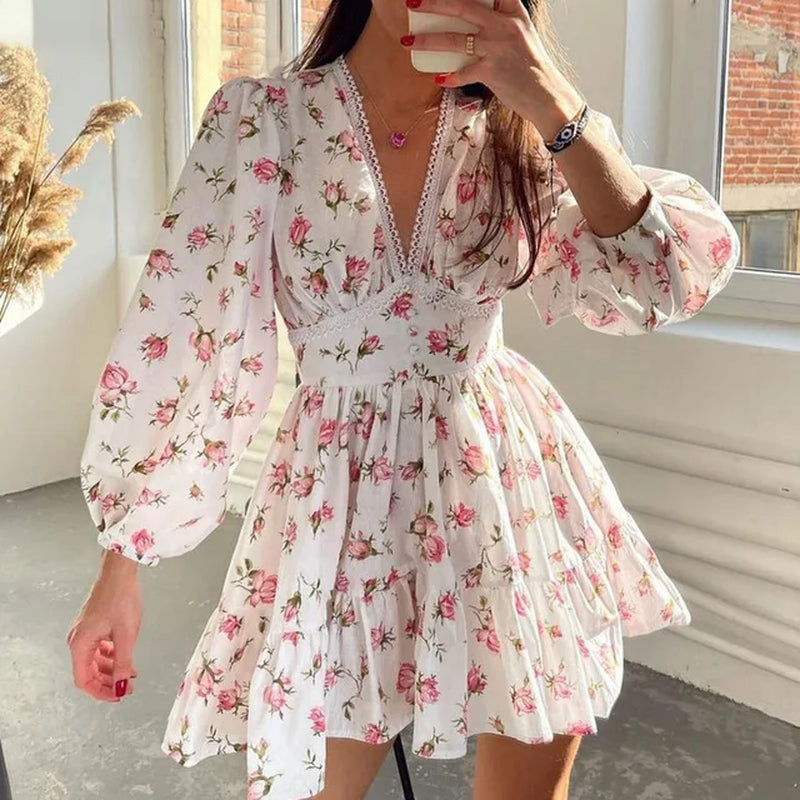 Floral V-Neck High Waist Slim Fit Dress for Summer