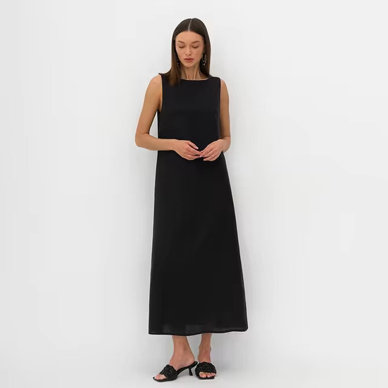 French Minimalist Cotton Linen Sleeveless Summer Vest Dress