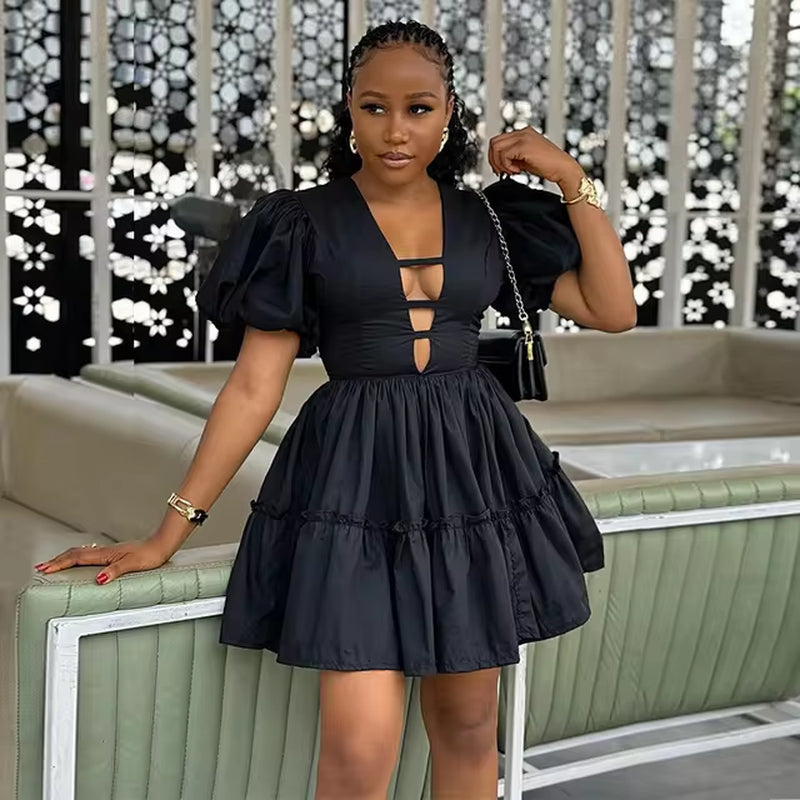Fresh V-Neck Bubble Sleeve A-Line Dress for Women