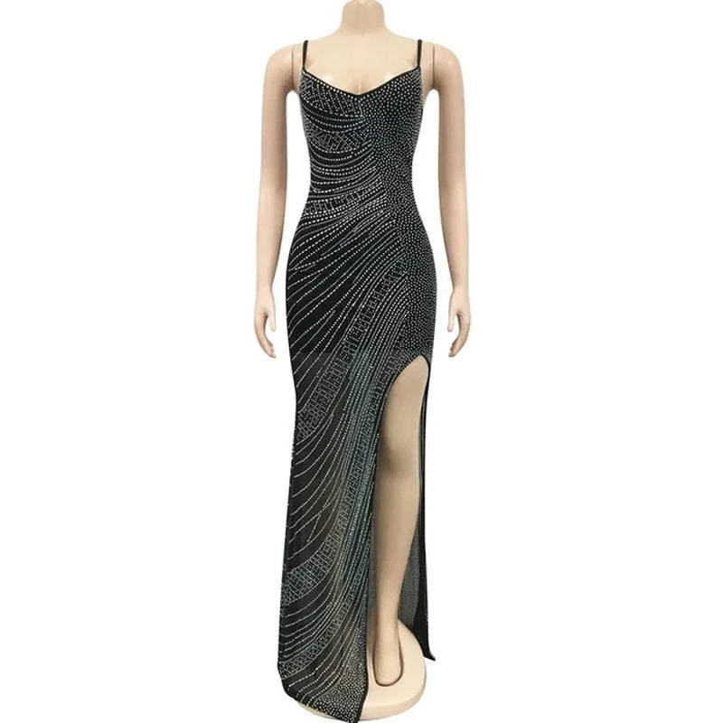 Glamorous High Slit Sheer Maxi Dress with Rhinestones