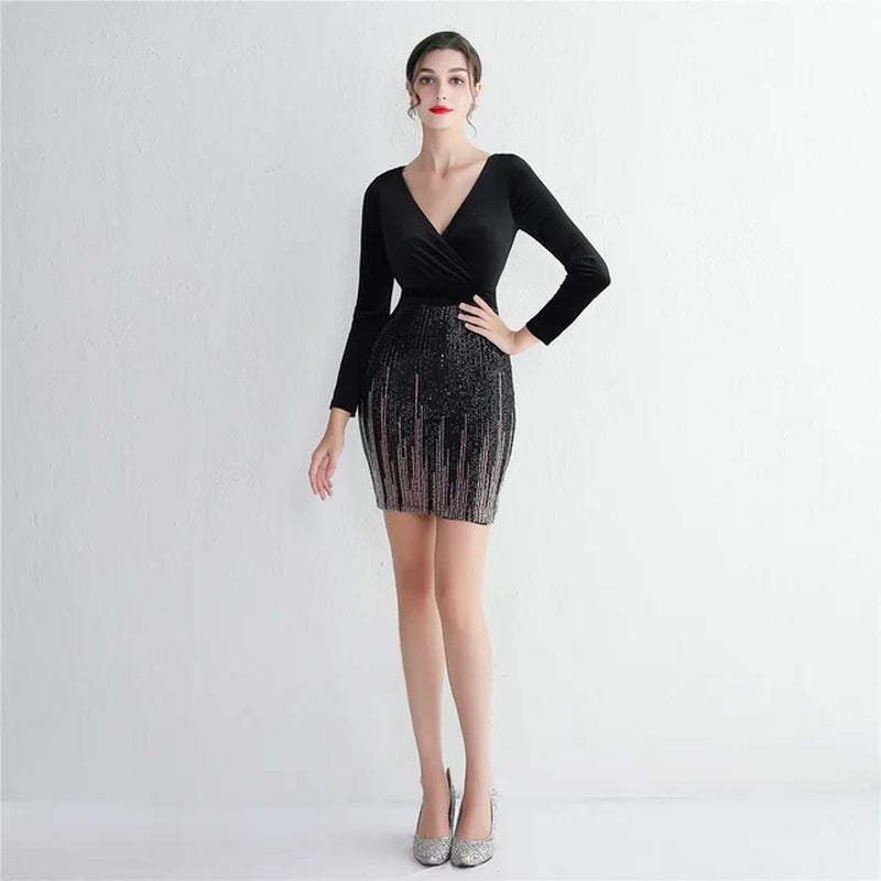 Glitter Sequin Velvet Mini Dress - V Neck, Long Sleeve