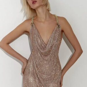 Glittering Pink Backless Deep V Evening Dress