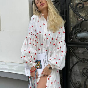 Heart Print Midi Dress with Puff Sleeves for Women