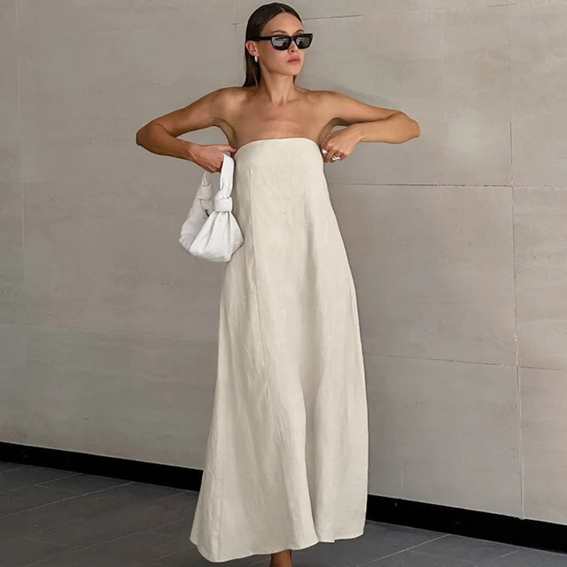 High-Waisted Strapless Cotton-Linen Summer Dress for Women