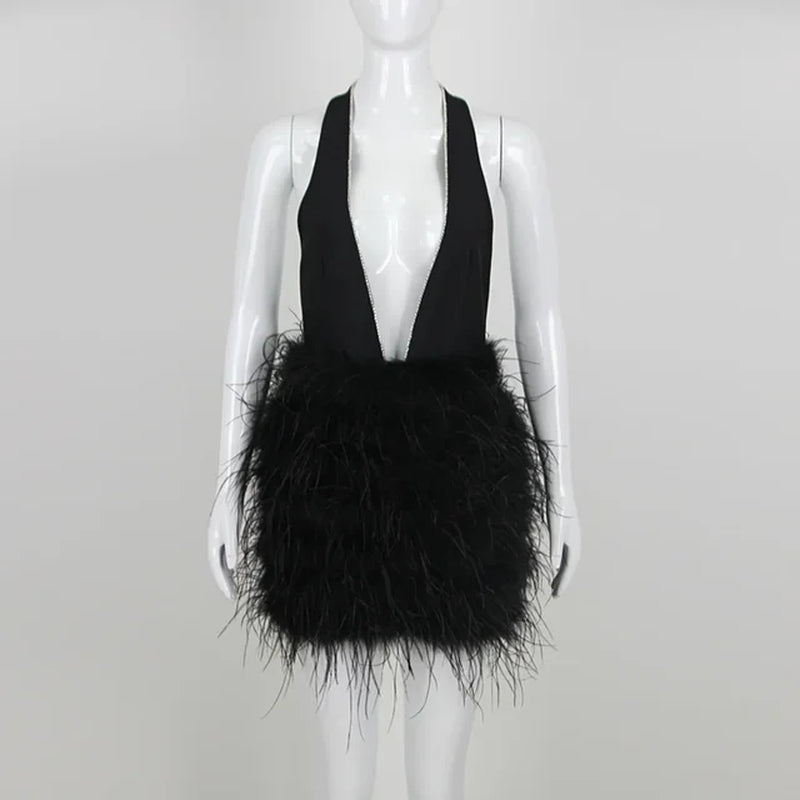 Luxury Black Feather Mini Cocktail Dress for Women