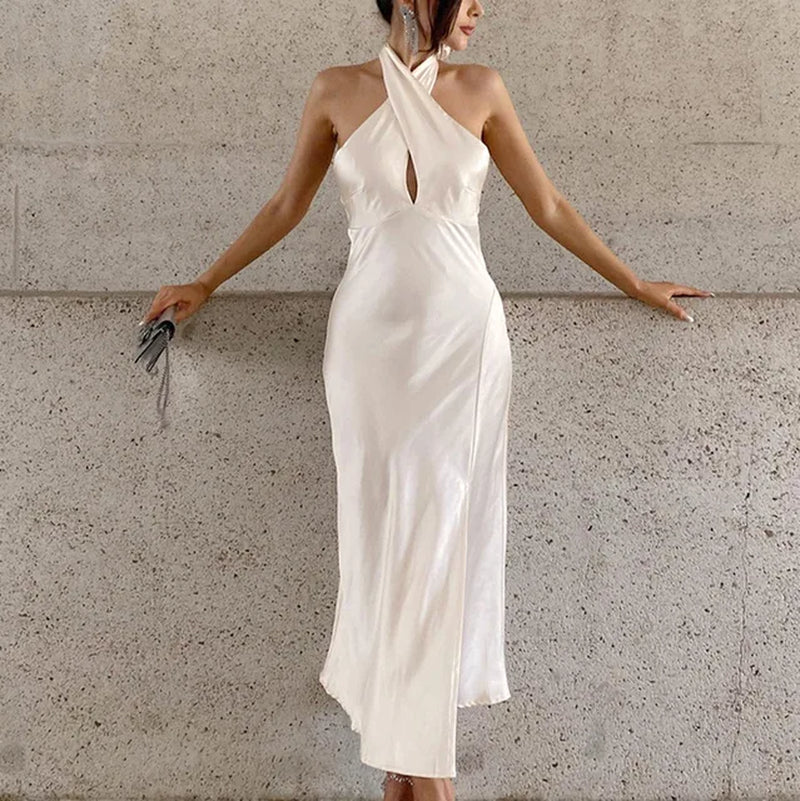 Minimalist White Fishtail Dress with Open Back