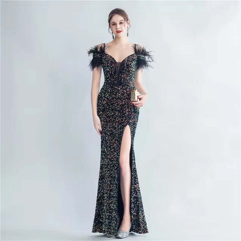 Off-Shoulder Sequin Corset Dress with Ostrich Feathers