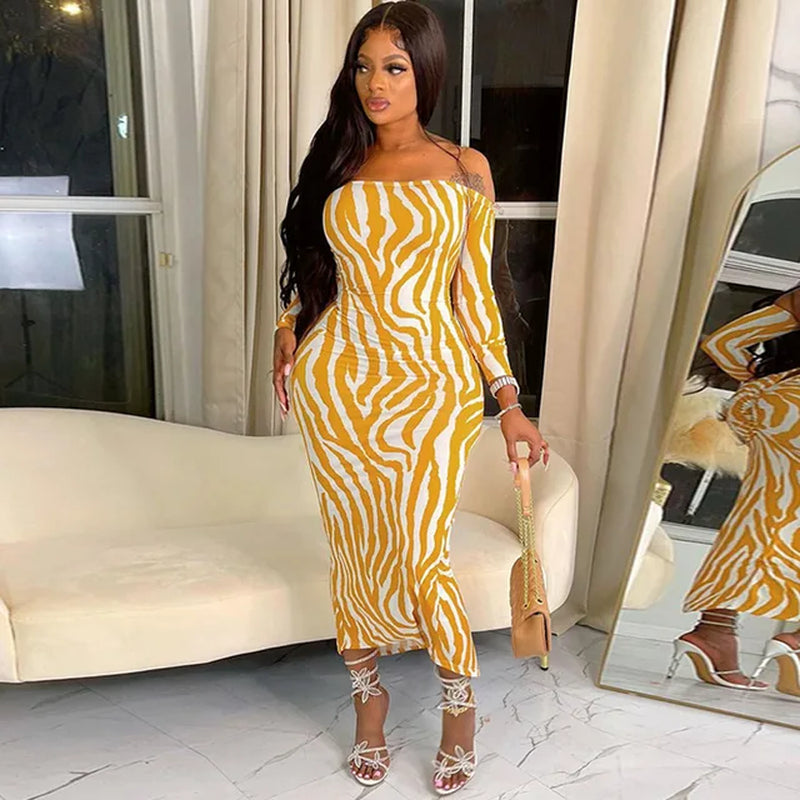 Off-Shoulder Striped Bodycon Midi Dress for Women