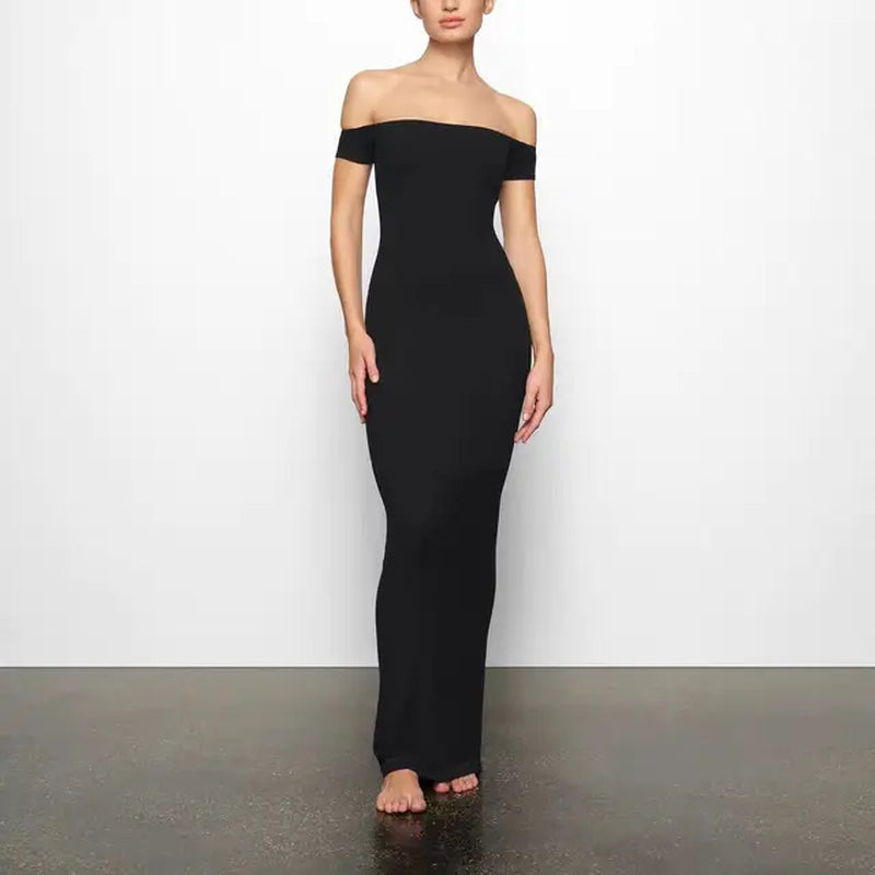 One-Shoulder Modal Dress with Vertical Pattern and Short Sleeve