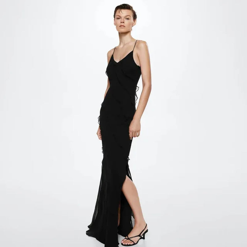 Open Back Long Split Chiffon Ruffle Dress