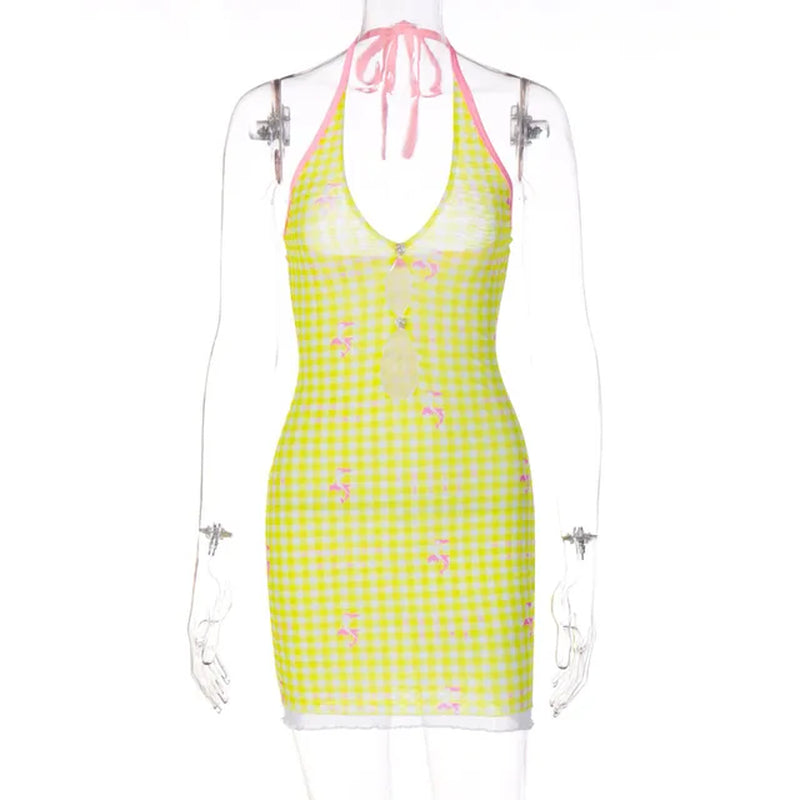 Plaid Print Backless Mini Dress for Summer Parties
