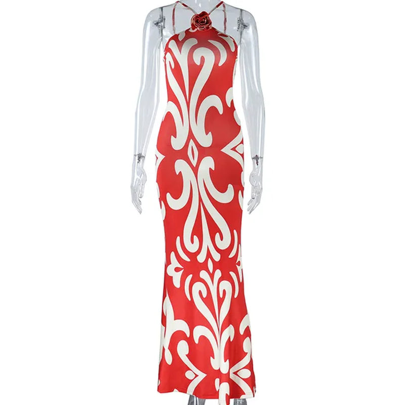Print Flower Halter Floor Length Dress Women Backless