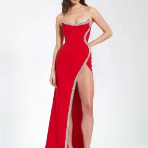 Red Strapless Diamond-Line Bodycon Dress with High Split
