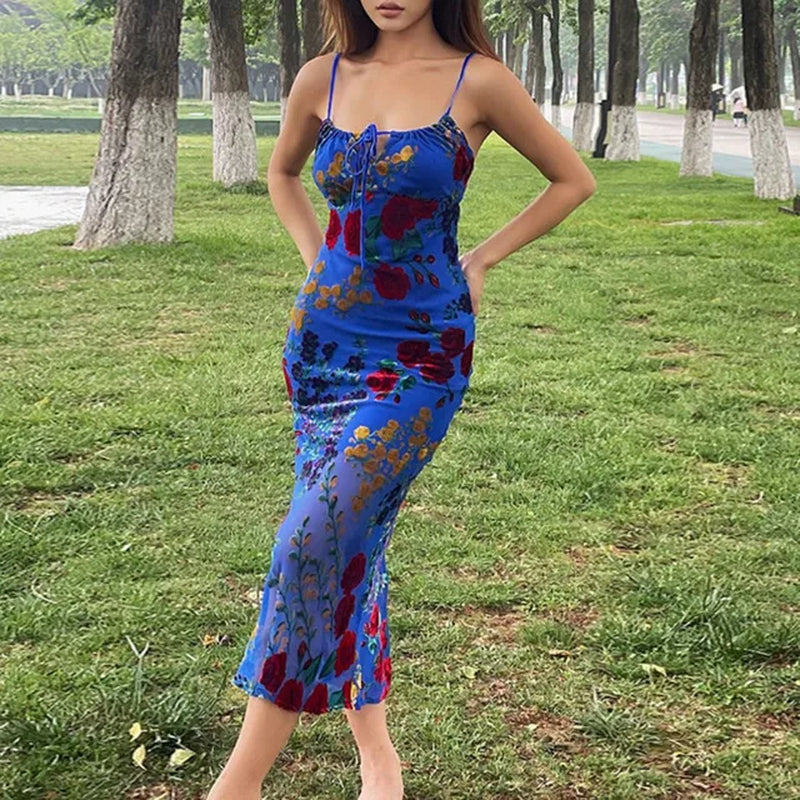 Retro Blue Velvet Backless Slim Suspender Dress
